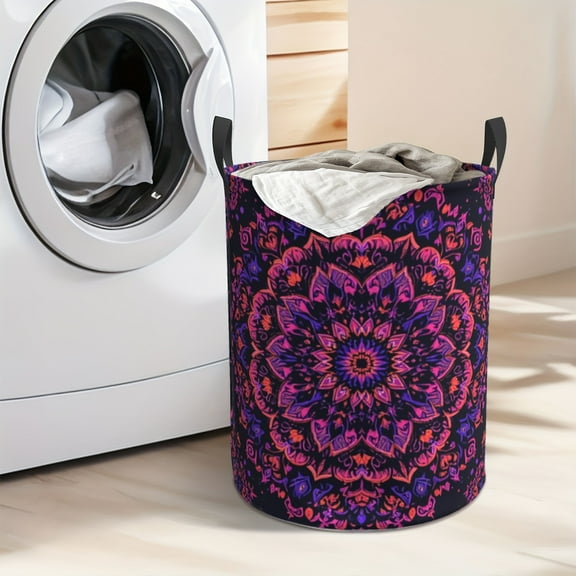 Purple Vintage Mandala Print Laundry Basket - Thick Polyester Fabric, Foldable for Space-saving Design, Sturdy Handle, Suitable for Clothes, Toys, and Bedroom Organization