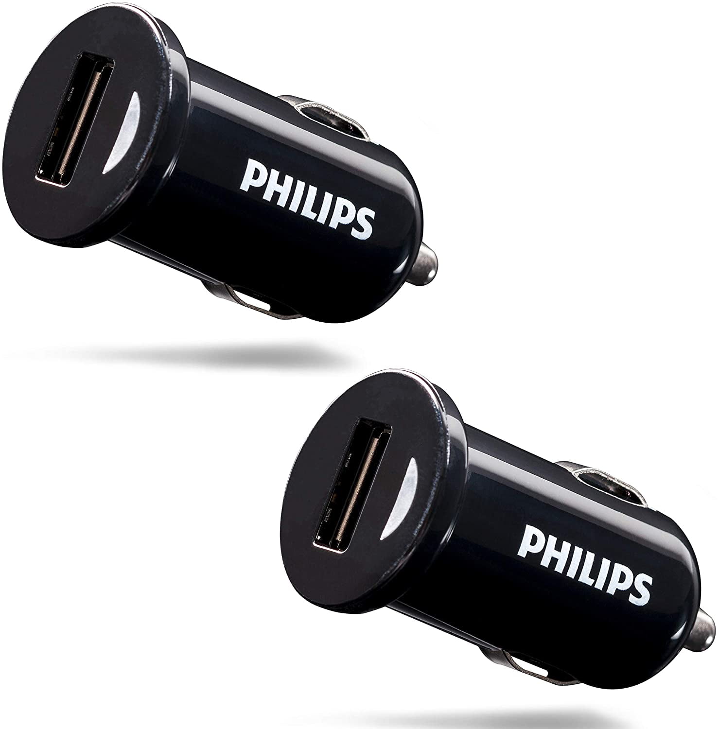 Philips DC Car USB Charger, 1 Port, 1.0A, Black, 2 Pack
