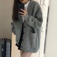 thumbnail image 4 of Women Sweater Coat V-Neck Long Sleeve Solid Color Knitting Coat with Large Pockets Mid-Length Loose Fit Sweater Cardigan, 4 of 8