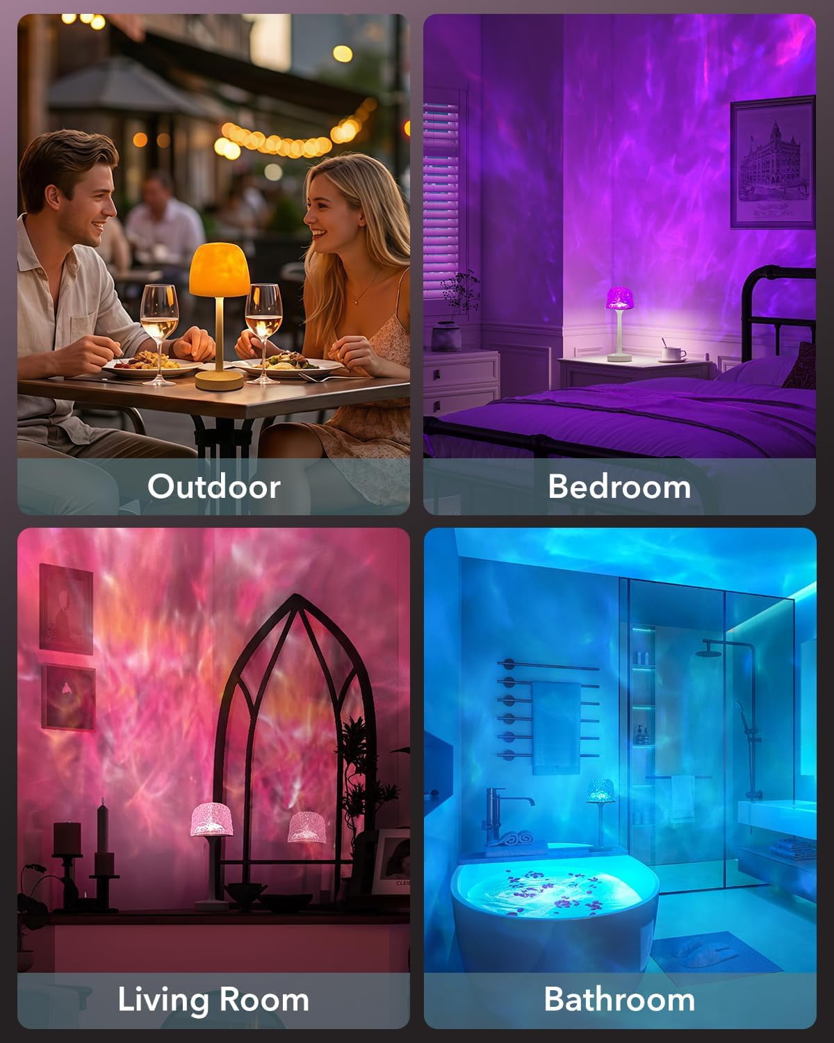 Waterproof Shower Lamp Ocean Wave Projector, Cordless Rechargeable Table Lamp Remote LED for Bathroom Outdoor Patio, RGB Battery Operated Wireless Touch Night Light for Bedroom Kitchen Counter