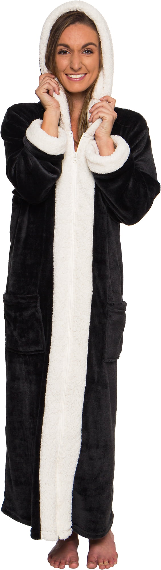 Silver Lilly Womens Zippered Sherpa Trim Fleece Robe with Hood Warm Plush Luxury Bathrobe