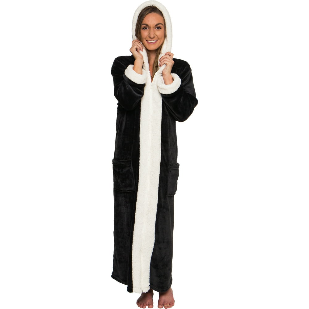 Silver Lilly Womens Zippered Sherpa Lined Robe with Hood Black Warm