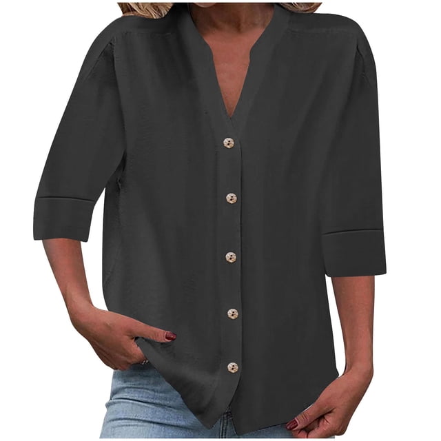 Timegard Womens Tops 1/2 Sleeve V Neck Button down Shirts Casual Loose Lightweight Blouse Solid Color