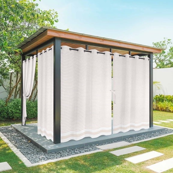 Farmhouse Beige White Striped Outdoor Curtains for Patio Waterproof, Windproof Privacy Curtains with Weighted Bottom, Modern Stripes Outside Drapes for Picnic Garage Backyard Cabana 54"x95" 2 Panel