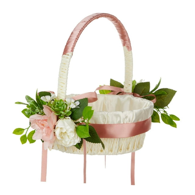 Cesta de boda Baseta de flores de satén Conocimiento de flores rústicas Flor de de honor Canasta de pétalos Decoración de nupcias Canasta de bodas Rosa