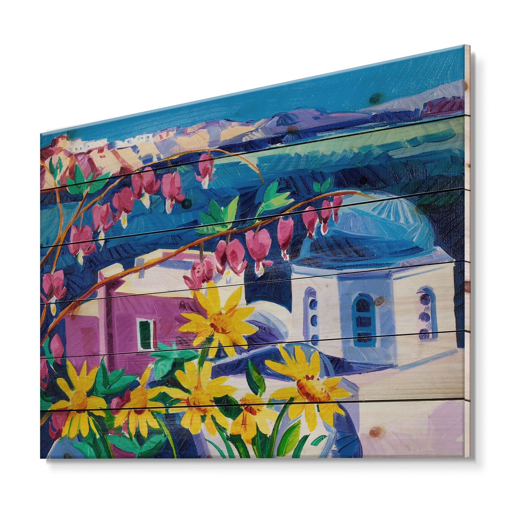 Designart 'Colorful Traditional Santorini Churches Among Flowers' Nautical & Coastal Print on Natural Pine Wood