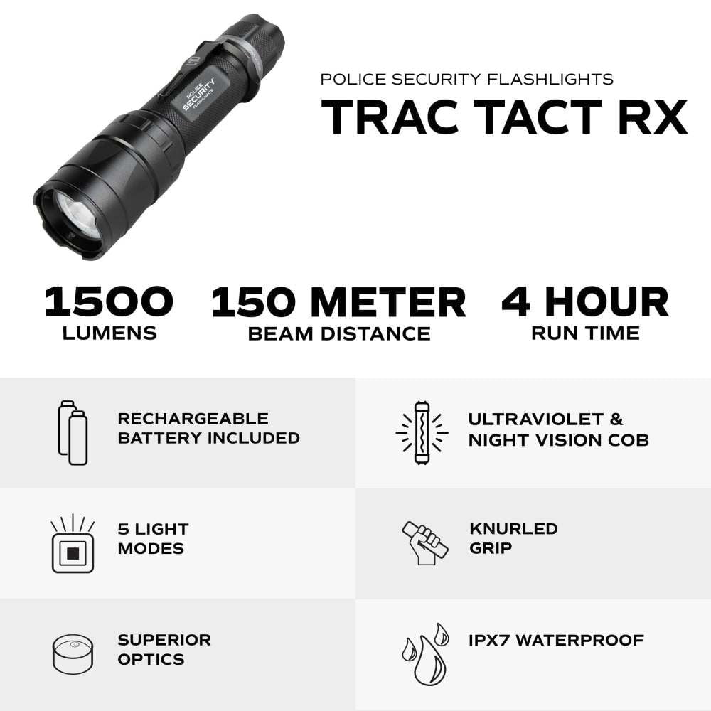 Police Security Trac Tact-Rx 1500 Lumens 21700 Battery Powered Uv Flashlight