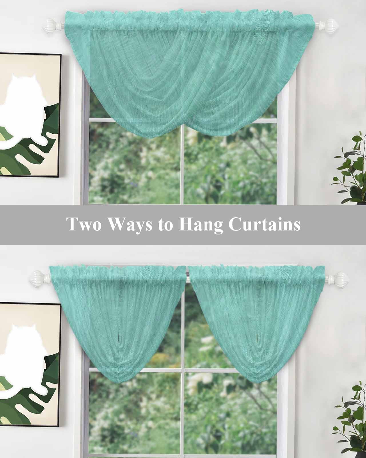 Turquoise Waterfall Valances for Windows, Farmhouse Burlap Solid Teal Color Modern Linen Texture Sheer Valance Curtains, Rod Pocket Elegant Swag Valances for Living Room Bedroom, 47.2"x38.5", 2 Panel