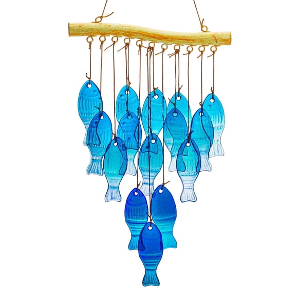 Campanillas de viento H&D HYALINE & DORA con forma de pez de cristal azul, 58 cm