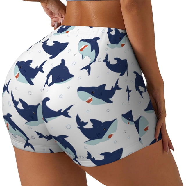Balery Cute Shark Pantalones cortos de entrenamiento estampados para mujer, sin costuras, ajustados, para gimnasio, yoga, correr, deportes, ejercicio activo, fitness.-Medium