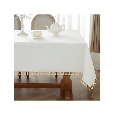 Table Cloth Rec Table 55 X 120 Linen Look Texture Cotton Tablecloth Waterproof Wrinkle Free Heavy Duty Tables Cover With Tassel For Kitchen Dining Holiday Party Ivory