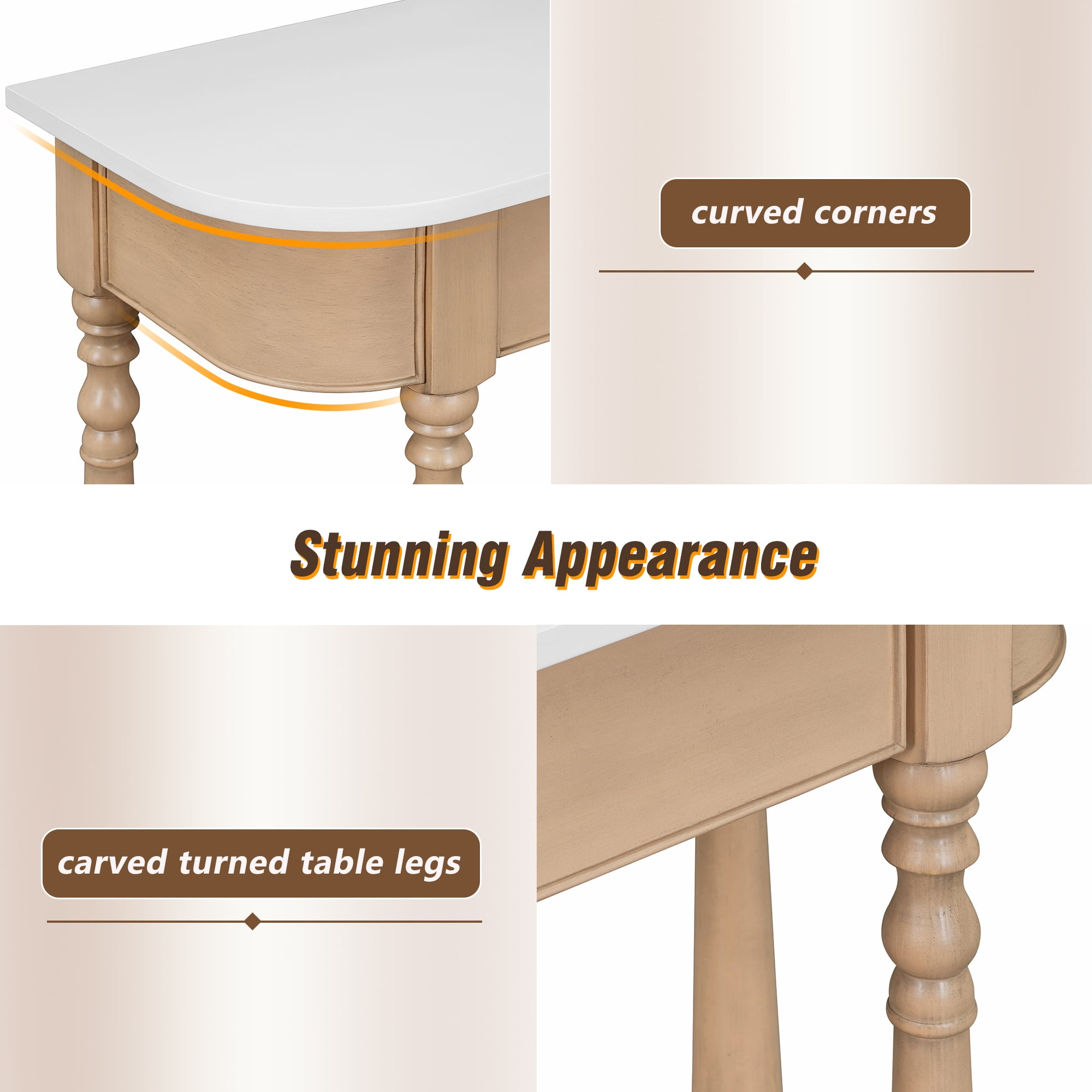 EUROCO 36" Retro Console Table with Drawer,Solid Wood Entryway Table Sofa Table with Open Storage Shelf and Corner-Curved Design for Entryway, Hallway and Living Room,Beige