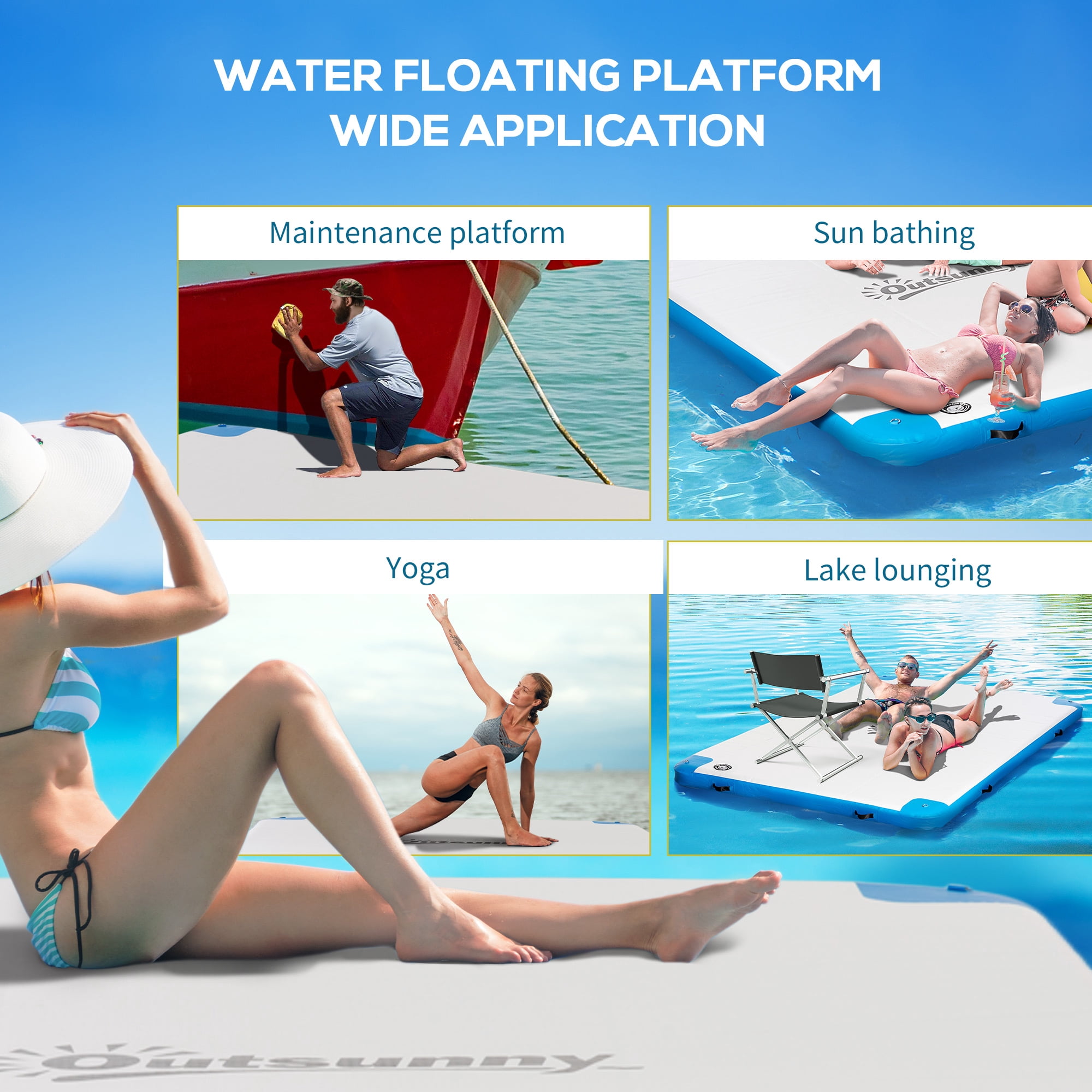 Outsunny 10' x 7' Water Inflatable Floating Dock, Inflatable Platform Island, Large Floating Mat Raft with Air Pump & Backpack, for Pool, Beach, Ocean, White