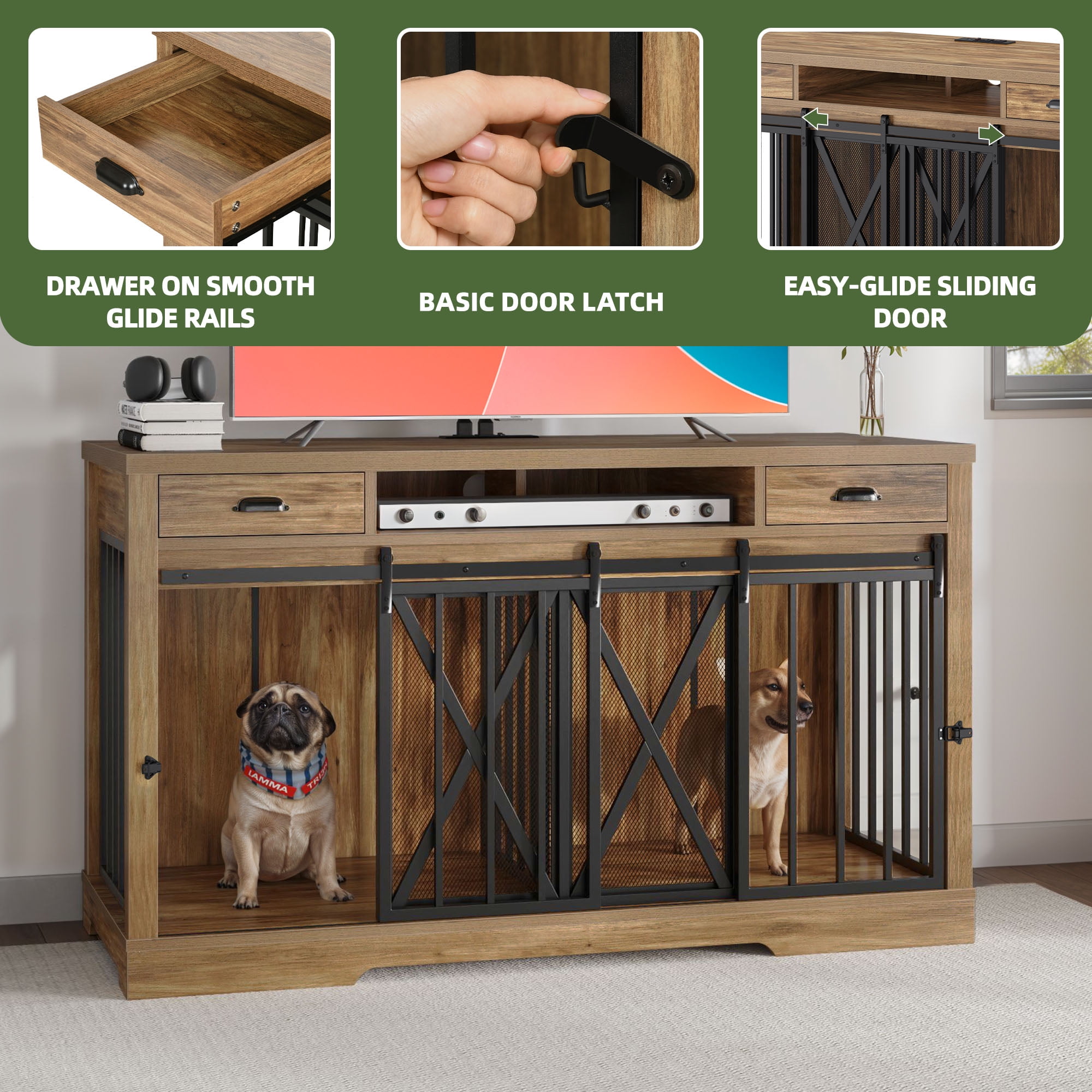 Uforic 63" Dog Crate Furniture with 2 Drawers,TV Stand with Charging Station 63" Large Wooden Indoor Dog Kennel - Brown