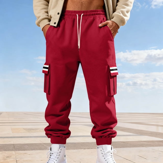 Fankiway Men's Loose Fit Solid Color Casual Sports Work Pants with Drawstring Pockets and Elastic Waistband Red 2XL