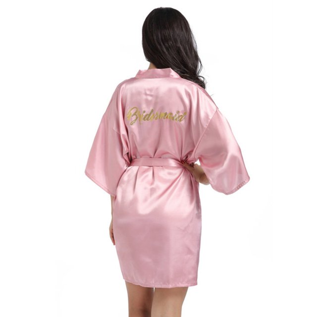 LYMAYTER Robe Kimono Courte pour Femmes en Soie Lettre Dorée Fête Nuptiale Mode Peignoir