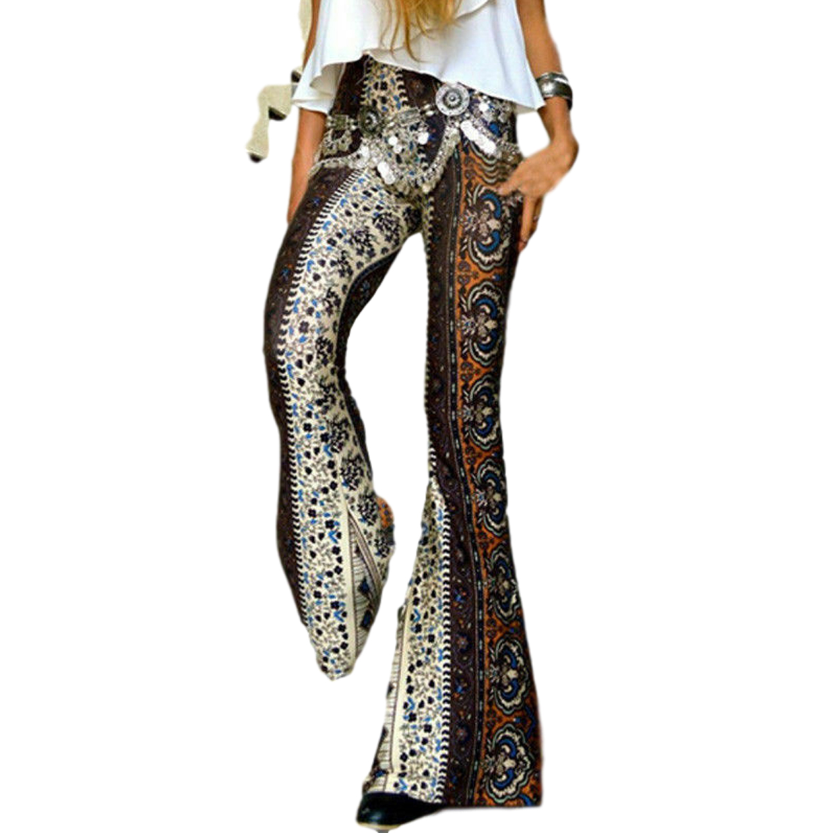 FOCUSNORM Women's's Boho Hippie High Waist Printed Wide Leg Long Flared