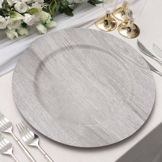 HLONK 6 Pack | 13” Natural Boho Chic Faux Wood Plastic Charger Plates Round Rustic Wedding Party Service Plates