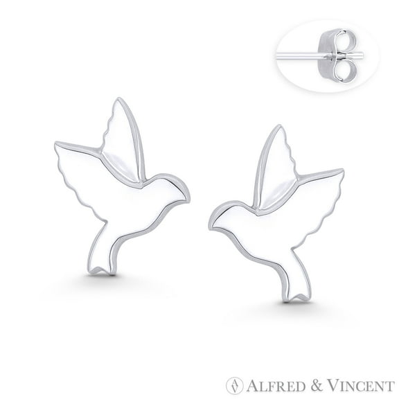 Flying Dove Bird Animal Charm Stud Earrings in .925 Sterling Silver