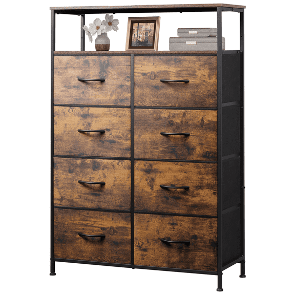 GALAXHERO 8 Drawer Dresser for Bedroom, Open Storage Shelves, Wooden Top, Fabric Bins for Closet, Living Room, Hallway, Rustic Brown Wood Grain Print