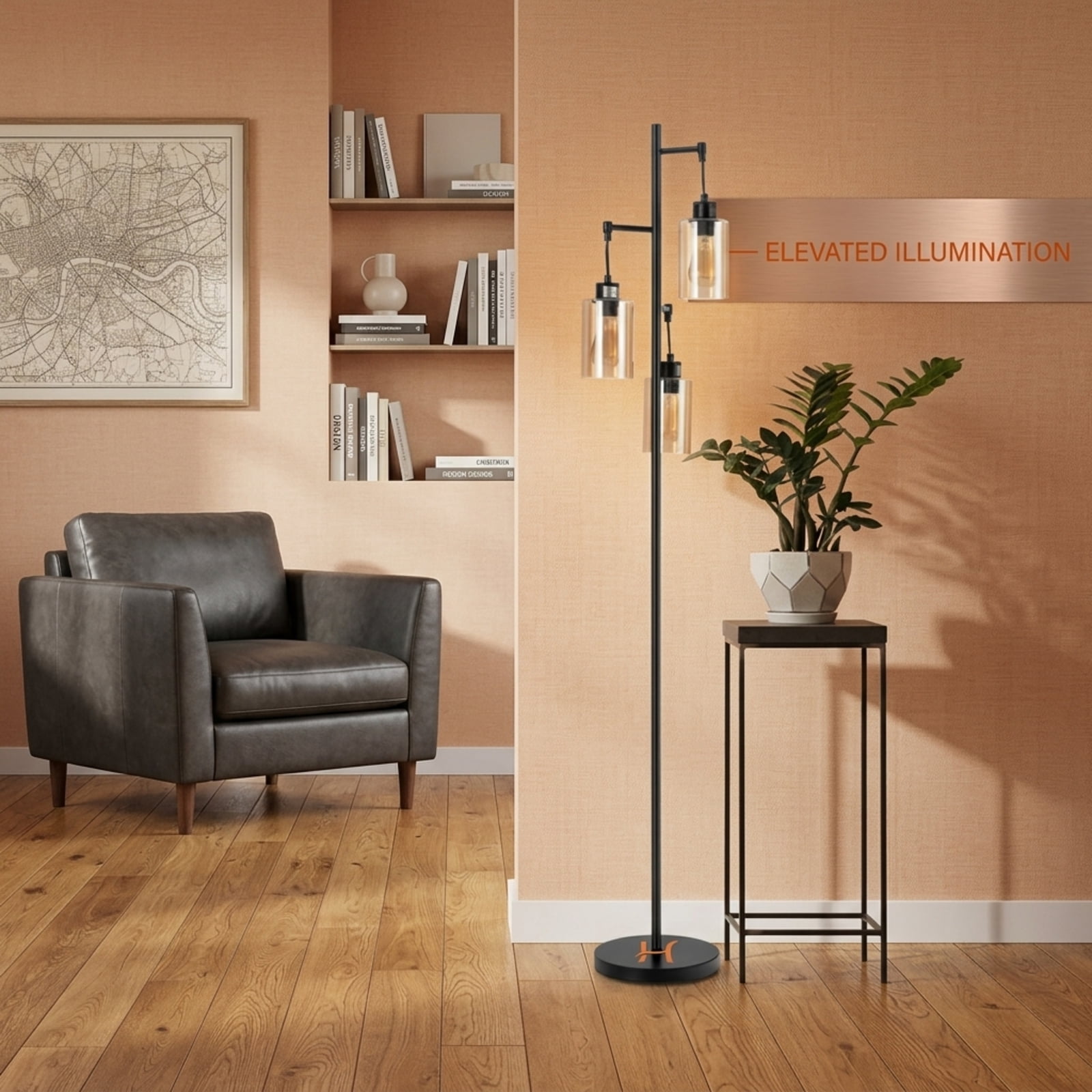 Vebreda Retro Floor Lamp with 3 Hanging Amber Glass Shades and Foot Switch for Living Room Bedroom-Black | Industrial Standing Lamp
