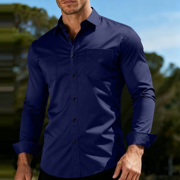 Tdoqot Mens Dress Shirts with Pockets- Stretch Long Sleeve Collared Button Down Formal Business Shirts Blue Size S-3XL