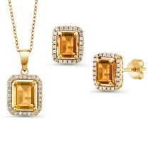 18K Yellow Gold Plated Silver Yellow Citrine Pendant and Earrings Jewelry Set for Women | 6.39 Cttw | Emerald Cut 9X7MM and 8X6MM | Gemstone November Birthstone | with 18 inch Silver Chain