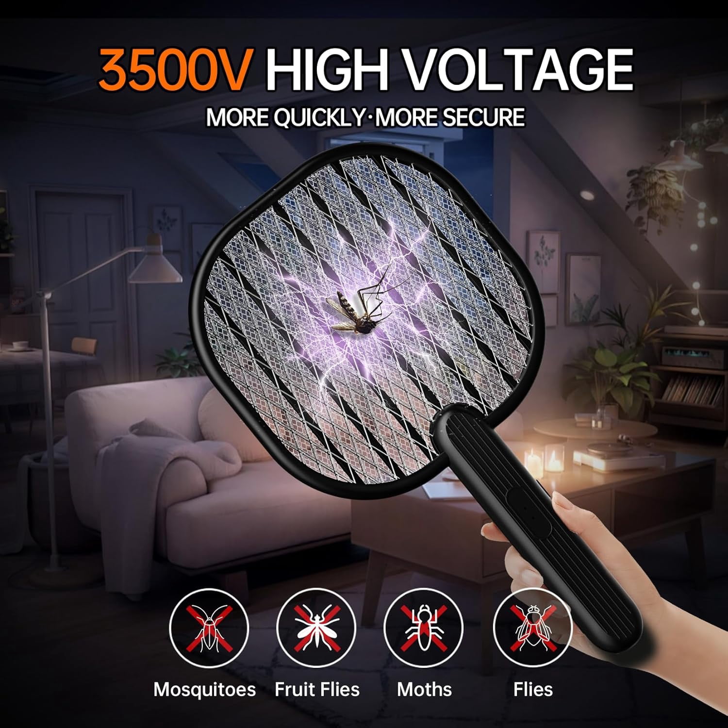 Electric Fly Swatter Bug Zapper: 3500V Mosquito Killer Racket with USB Rechargeable Insect Trap Pest Control Handheld Lightweight 5-Layer Safety Mesh for Indoor Home Office Backyard Patio Camping