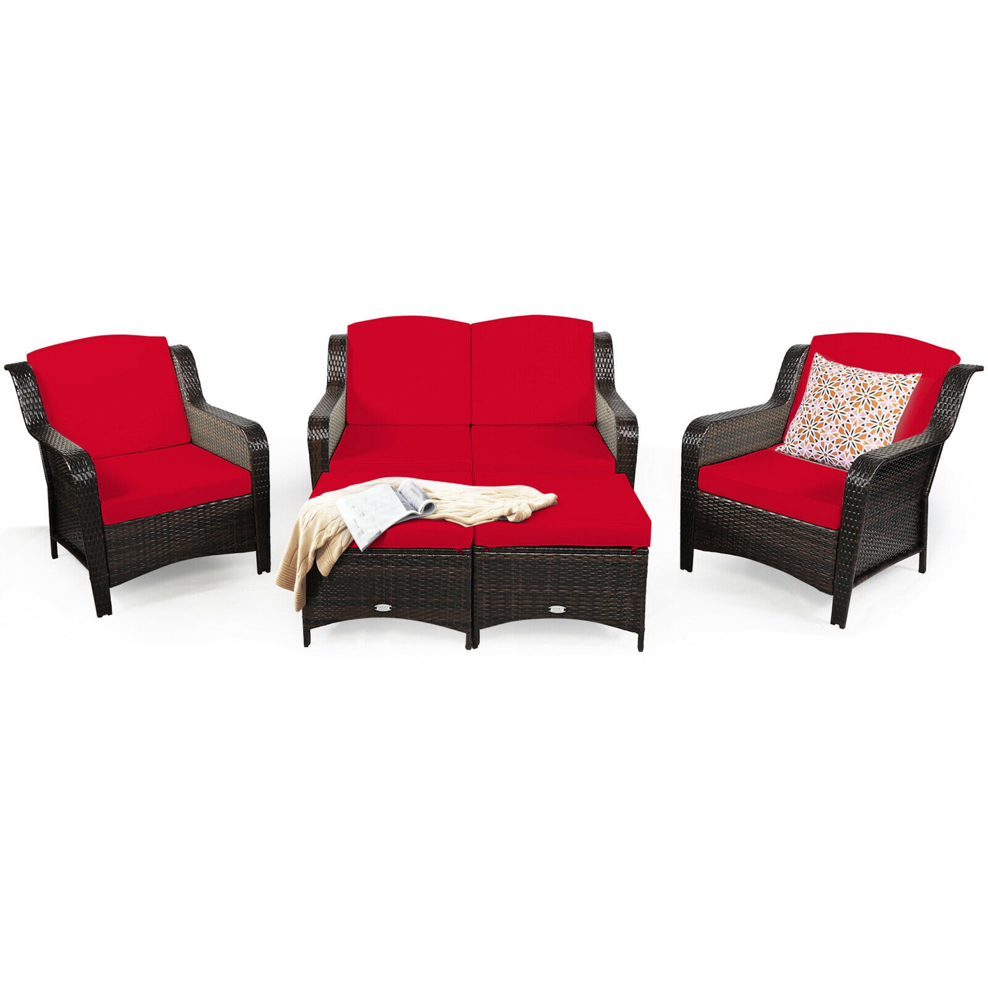 Gymax 5PCS Rattan Patio Conversation Sofa Furniture Set Outdoor w/ Red Cushions