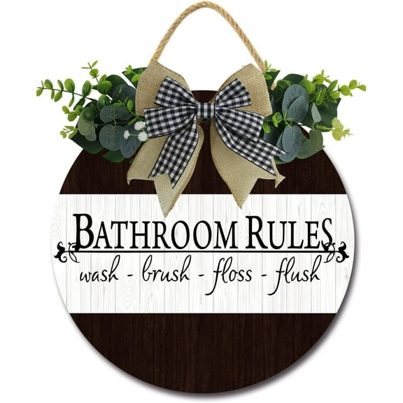 Eveokoki 12" Bathroom Rules Signs for Front Door Farmhouse ，Rustic Round Wooden Hanging Wreaths for Bathroom Wash House Toilet Housewarming Gift Decoration Indoor Wall Decor