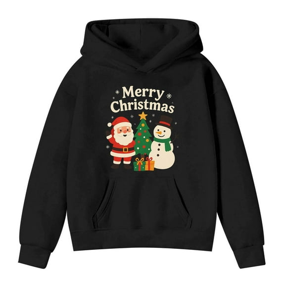 SonxaHe Toddler Girl Boy Hoodie Christmas Cartoon Print Long Sleeved Hooded Shirt Kids Holiday Cozy Soft Warm Party Hoodies Black,Sized 3-4
