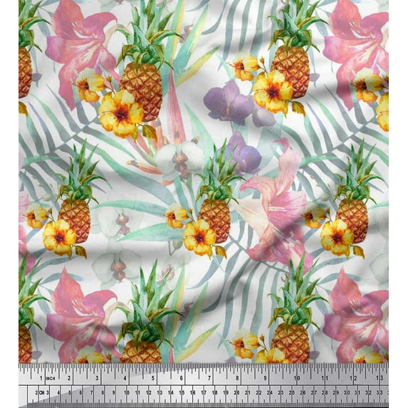 Soimoi White Rayon Crepe Fabric Lily & Pine Fruits Print Fabric by the Yard 46 Inch Wide