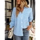 thumbnail image 2 of Blusa a rayas con botones y bolsillo con cuello en V y manga larga para mujer para uso diario Azul M, 2 of 6