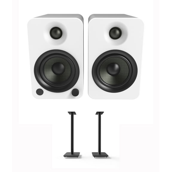 Kanto YU4MW 140W Bookshelf Speakers with Bluetooth - Matte White (Pair) with Kanto SP26PL 26" Fixed-Height Stands for Bookshelf Speakers - Black (Pair) (2022)