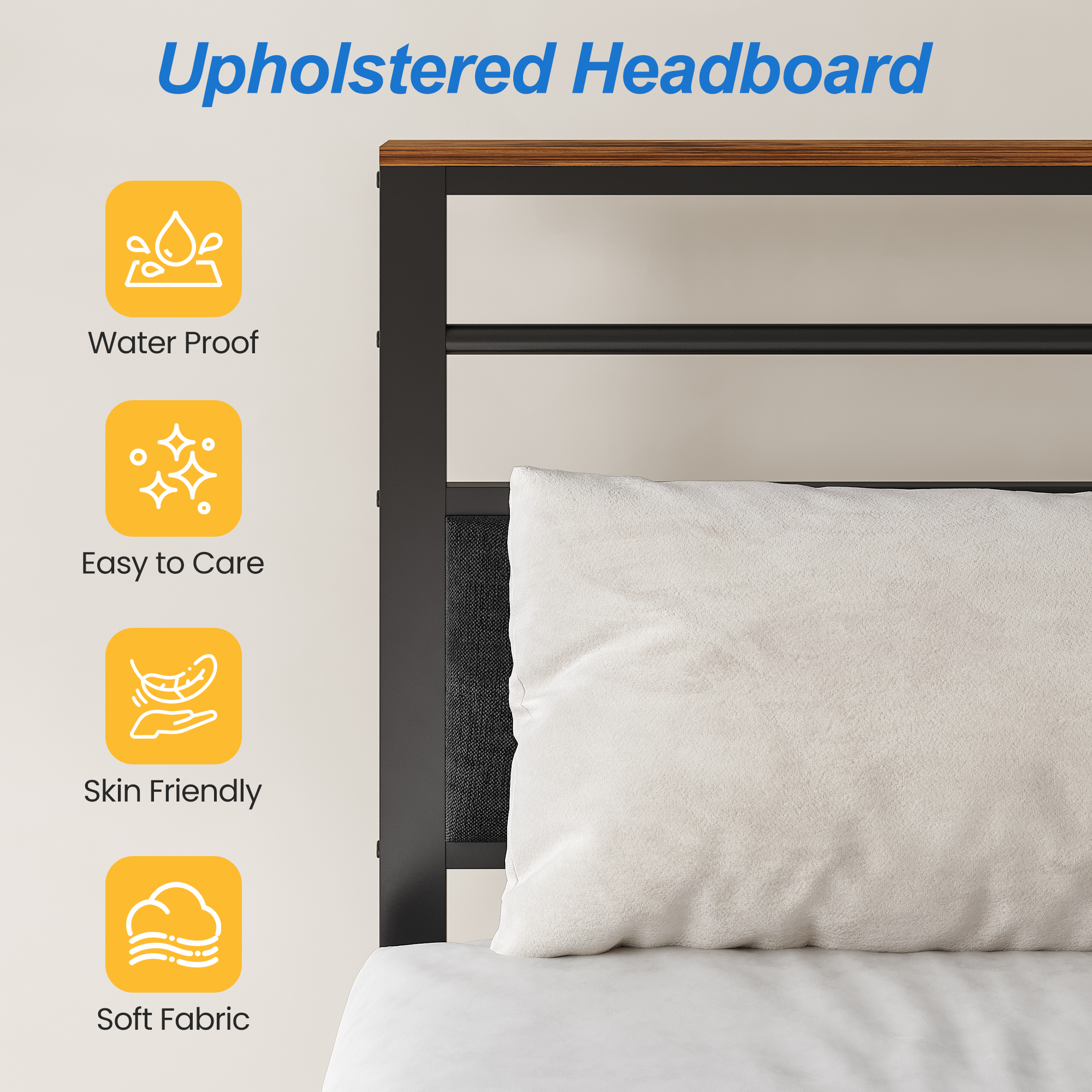 May in Color Queen Bed Frame with Upholstered Headboard, Metal Platform Bed with USB Charging Station, Easy Assembly, No Box Spring Needed