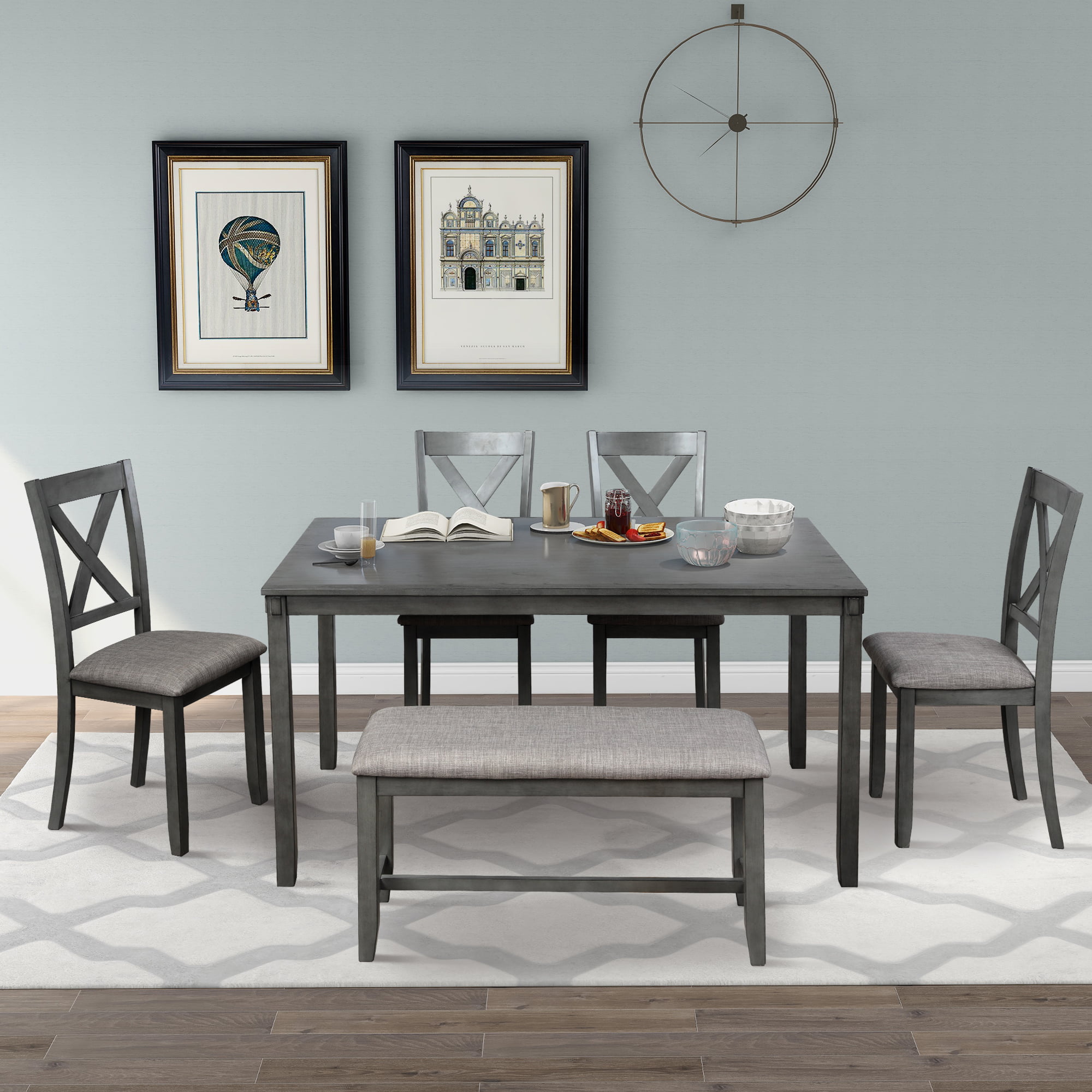 Kitchen Table and Chairs for 6, Rustic Style Dining Table Set, 6 PCS