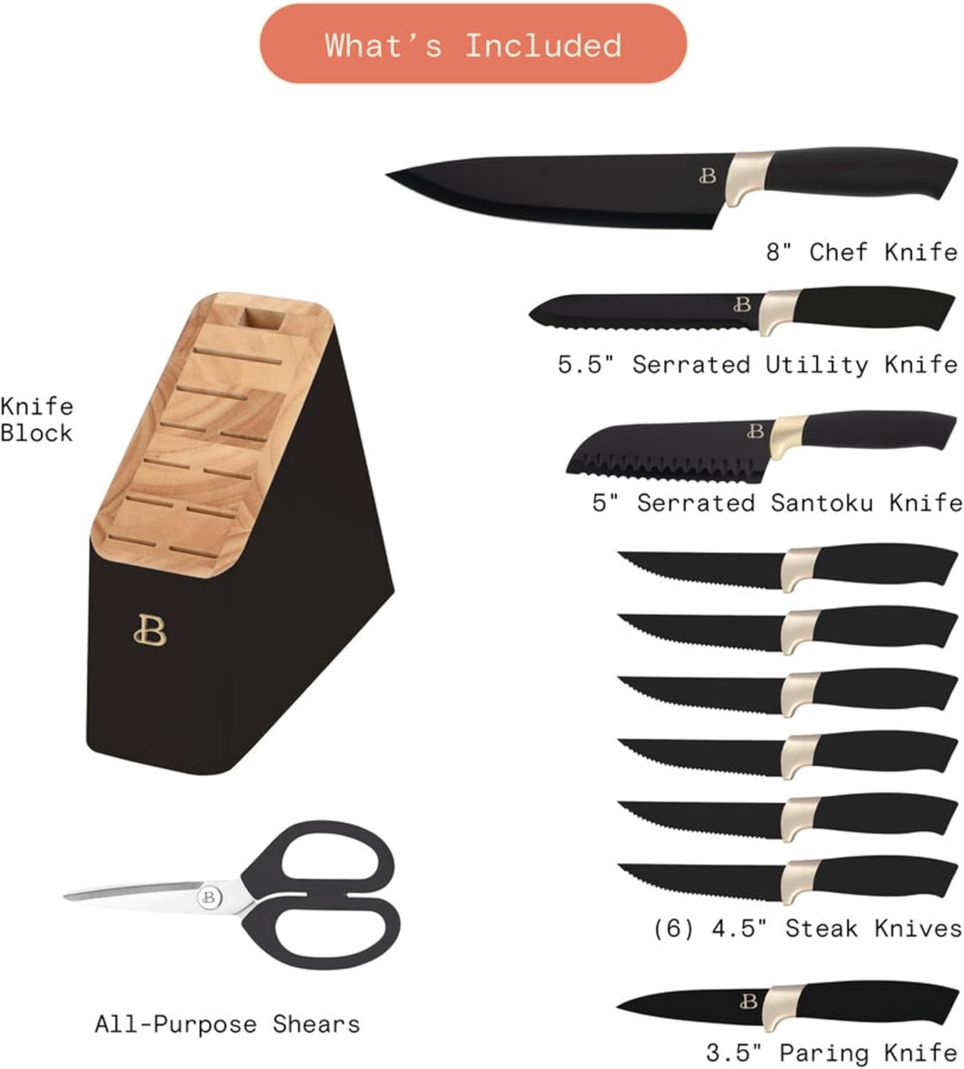 Beautiful 12 Piece Stainless Steel Knife Set Block Soft Grip Handles Black Sesame