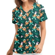 Flywake Big Savings 2023! Plus Size Tops Easter Shirts for Women Scrubs Top Women's Working Uniform Nursing Uniform With Two Pockets Short Sleeve V-neck Summer Blouse