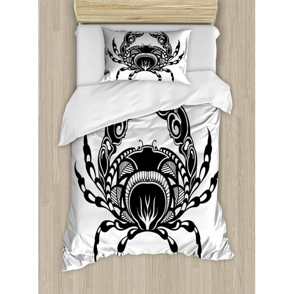 Crabs Twin Size Duvet Cover Set, Artistic Design of an Aquatic Arthropod Marine Biology Underwater Wildlife Inspired, Decorative 2 Piece Bedding Set with 1 Pillow Sham, Black White, by Ambesonne
