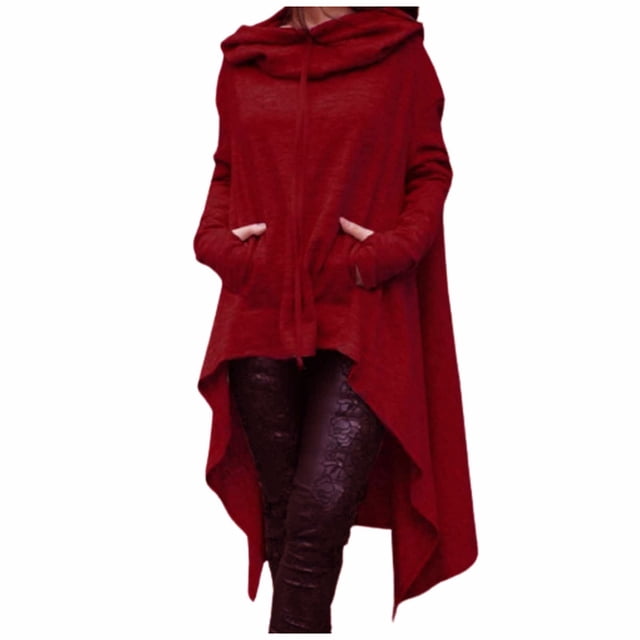 sudaderas informales de manga larga para mujer con capucha y cremallera fridja ghj987+3120 Sudadera con capucha color vino, vista frontal centrada, corte asimétrico largo con dobladillo en pico, mangas largas y bolsillos canguro; poliéster ligero con textura suave y cordón en la capucha, corte holgado para uso casual de otoño; también adecuada como capa ligera para salidas informales.