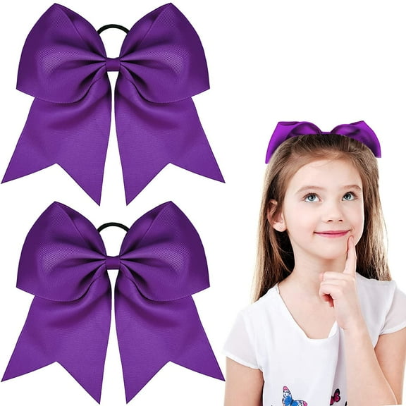 2 Packs Cheerleading Bow 8 Inch Cheer Hair Bows Large Cheerleading Hair Bows with Ponytail Holder for Teen Girls Softball Cheerleader Outfit Uniform (Purple)