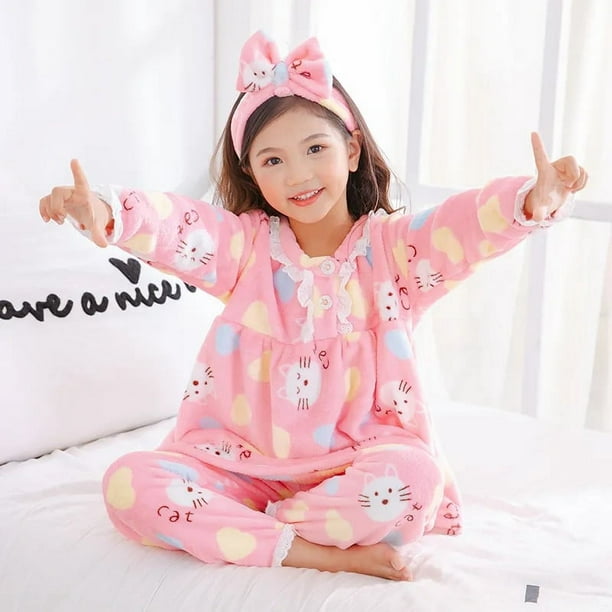Ropa de nina grande Otono Invierno pijamas de franela calidos de manga larga conjunto de ropa de dormir con estampado bonito para nina enviar banda para el pelo regalo de Navidad