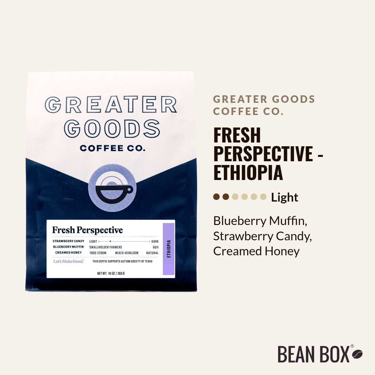 Fresh Perspective - Ethiopia - Roasted by Greater Goods Coffee Co. - Whole Bean Coffee - 10oz Bag