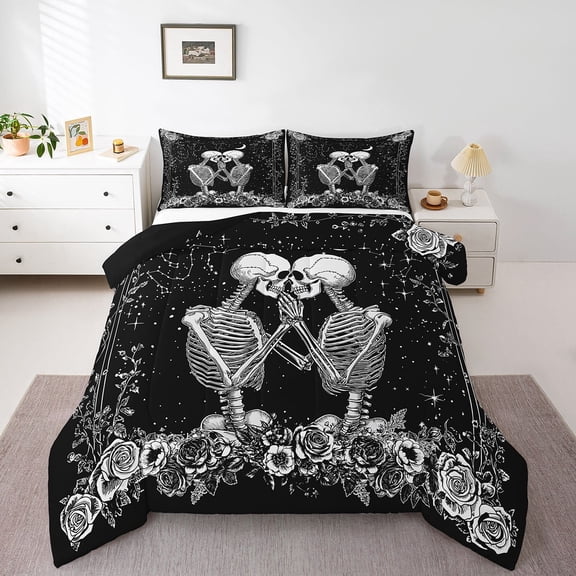 Manfei Couple Gothic Skeleton Full Size Comforter Sets for Adult, Romantic Rose Valentines Day Bedding Comforter Set, Mystic Galaxy Reversible Bedding Sets, Lightweight Room Decor, 3-Piece