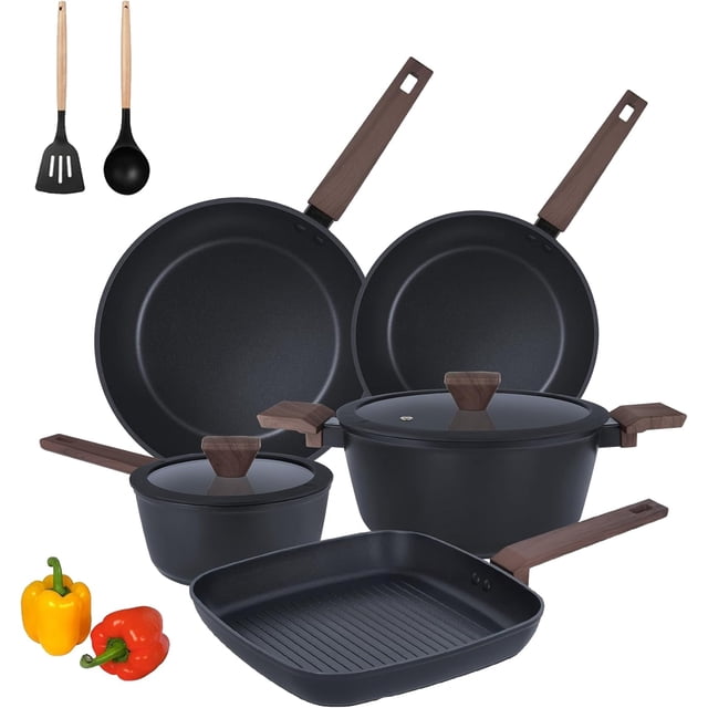 9Pcs Pots and Pans Set Nonstick,Induction Cookware Set Kitchen Cooking Sets,Healthy Non-Toxic Pots and Pan Set,Non Stick with Grill Pan& Stay-Cool Handles (PFOS, PFOA Free),Black
