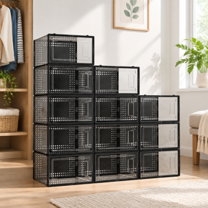 12 Pack Large Stackable Clear Plastic Shoe Boxes Organizer Black Clear Large