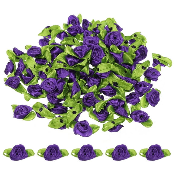 Mini Ribbon Roses Tiny Satin Fabric Flowers with Green Leaves Embellishments Purple