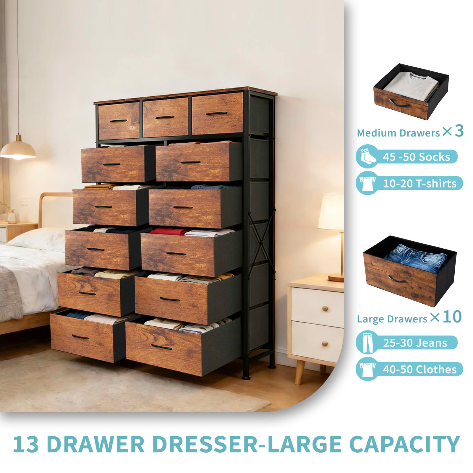 MAYEERTY 56.7-Inch Tall 13-Drawer Fabric Storage Tower, Sturdy Organizer Cabinet