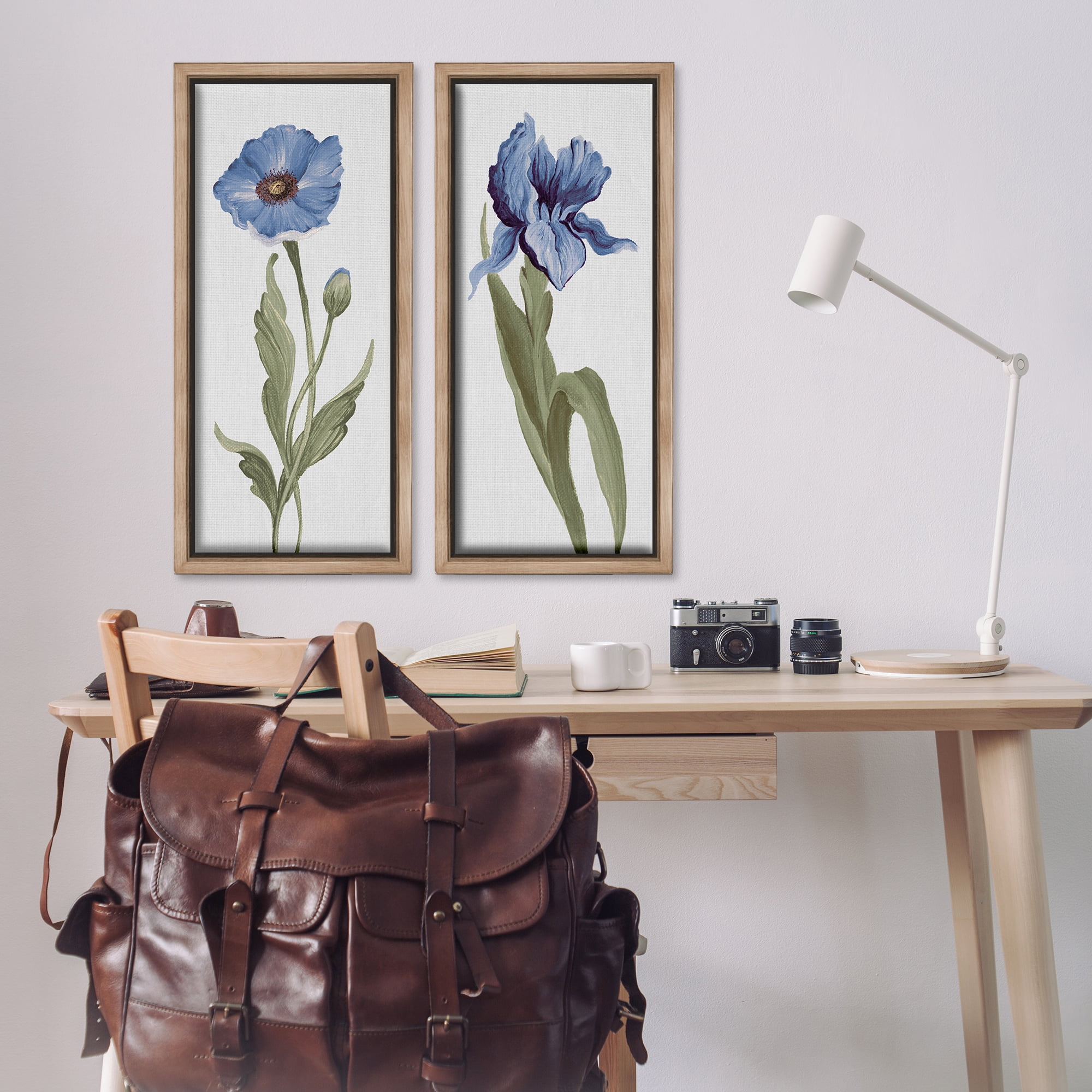 Stupell Industries Blue Poppy and Iris Flowers Plants & Flowers Painting Brown Floater Framed Canvas Art Print Wall Art, 14 x 31, Set of 2