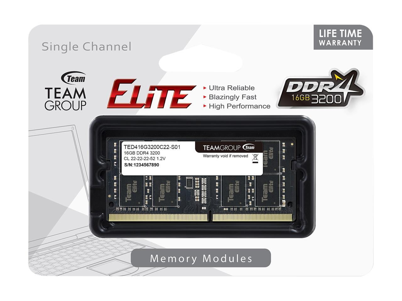 Team Elite 16GB 260-Pin DDR4 SO-DIMM DDR4 3200 (PC4 25600) Laptop Memory  Model TED416G3200C22-S01